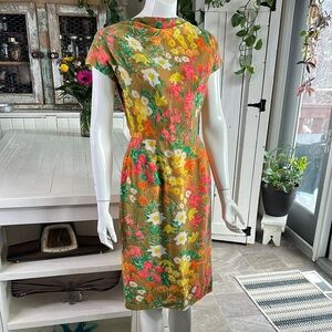 Vintage 1950-60s neon, yellow, orange, green and pink  Floral Print Dress